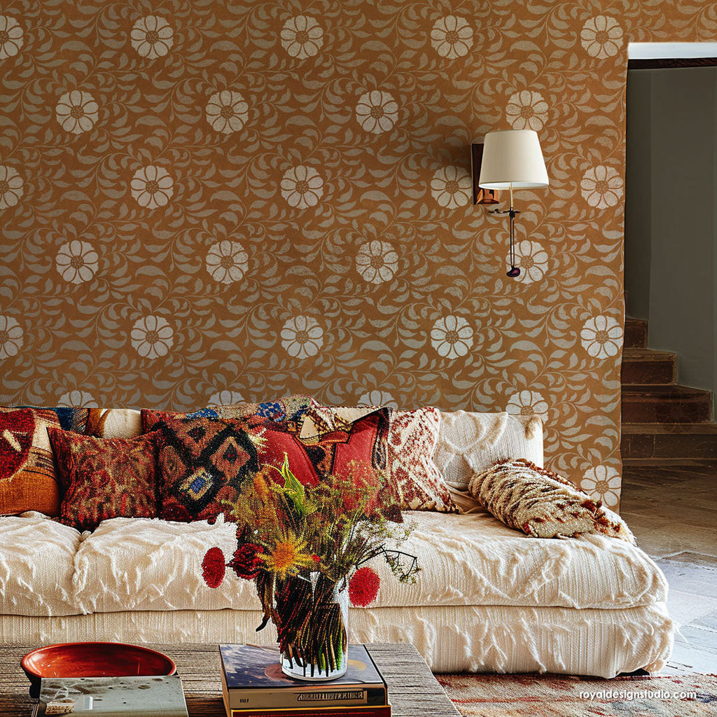 Folk Flower Allover Wall Stencil