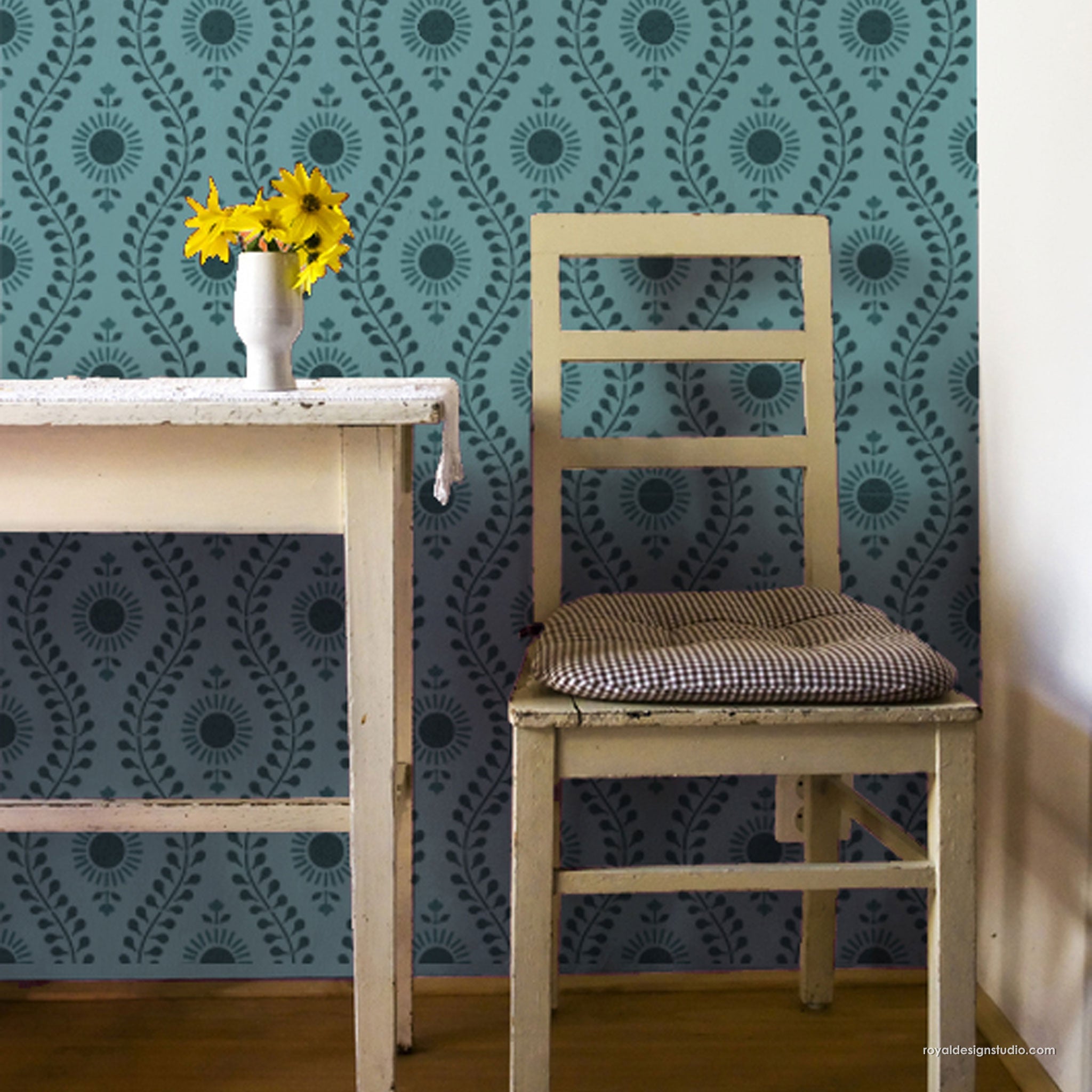 Sun Flower Block Print Wall Stencil